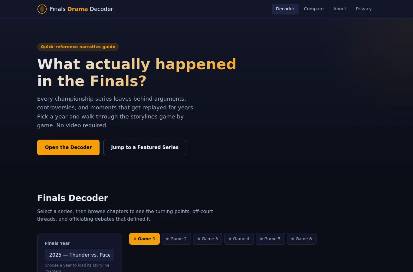 Screenshot of NBA Finals Drama and Storyline Decoder interface showing the project page in use